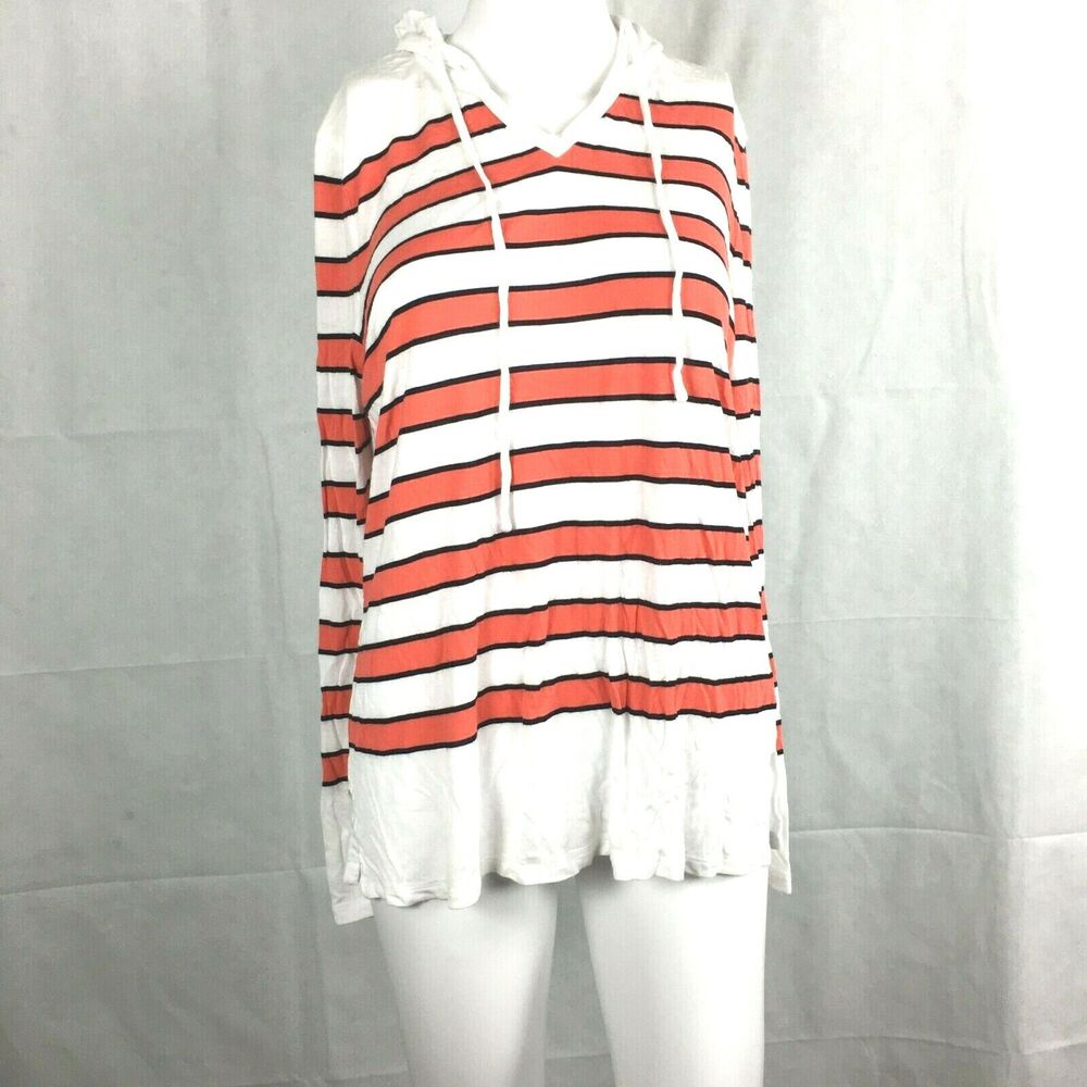 T by Talbots Sweatshirt Womens M White Navy Pink Striped Hooded Long‎ Sleeve Top